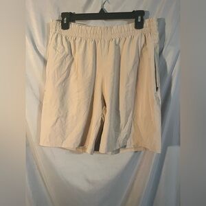 Beige Elastic Waist with Tie String and Zipper Pockets Shorts